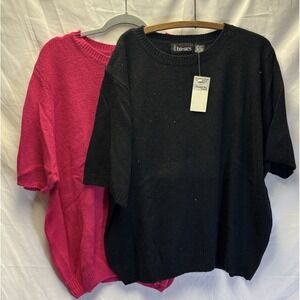 Vtg NWT Stefano Basics Women's 26/28 Short Sleeve Silk Angora Sweater Pink/black